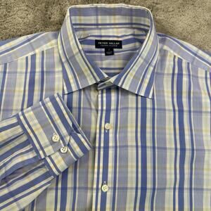 Peter Millar Crown Crafted Mens L Dress‎ Shirt Blue Check Plaid Button Front